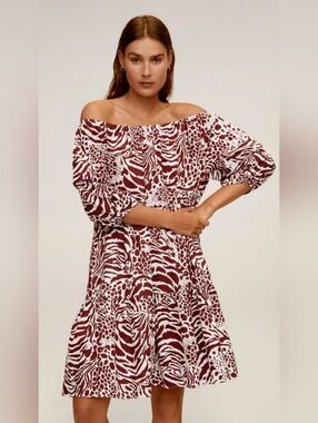 Mango Off-Shoulder Burgundy and White Printed Tiered Dress Sz. 4